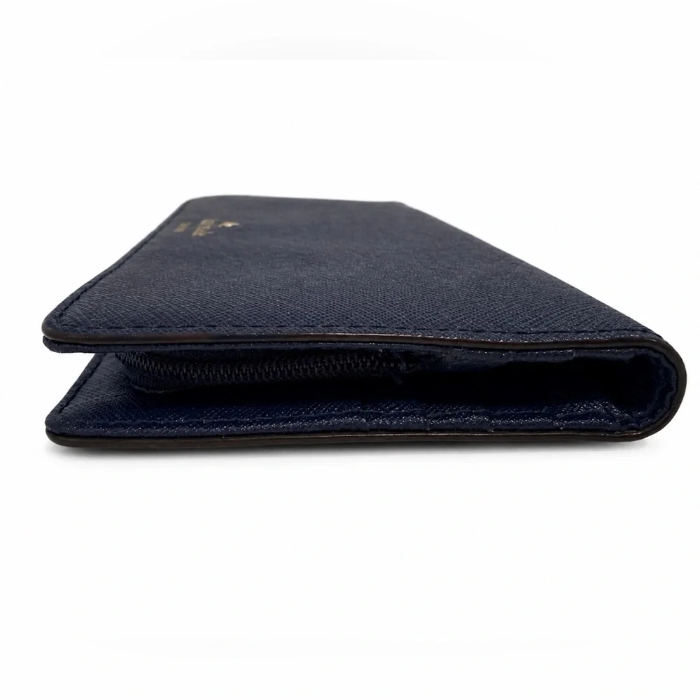 Kate Spade New York Navy Saffiano Leather Slim Wallet Clutch Gold Logo Zip